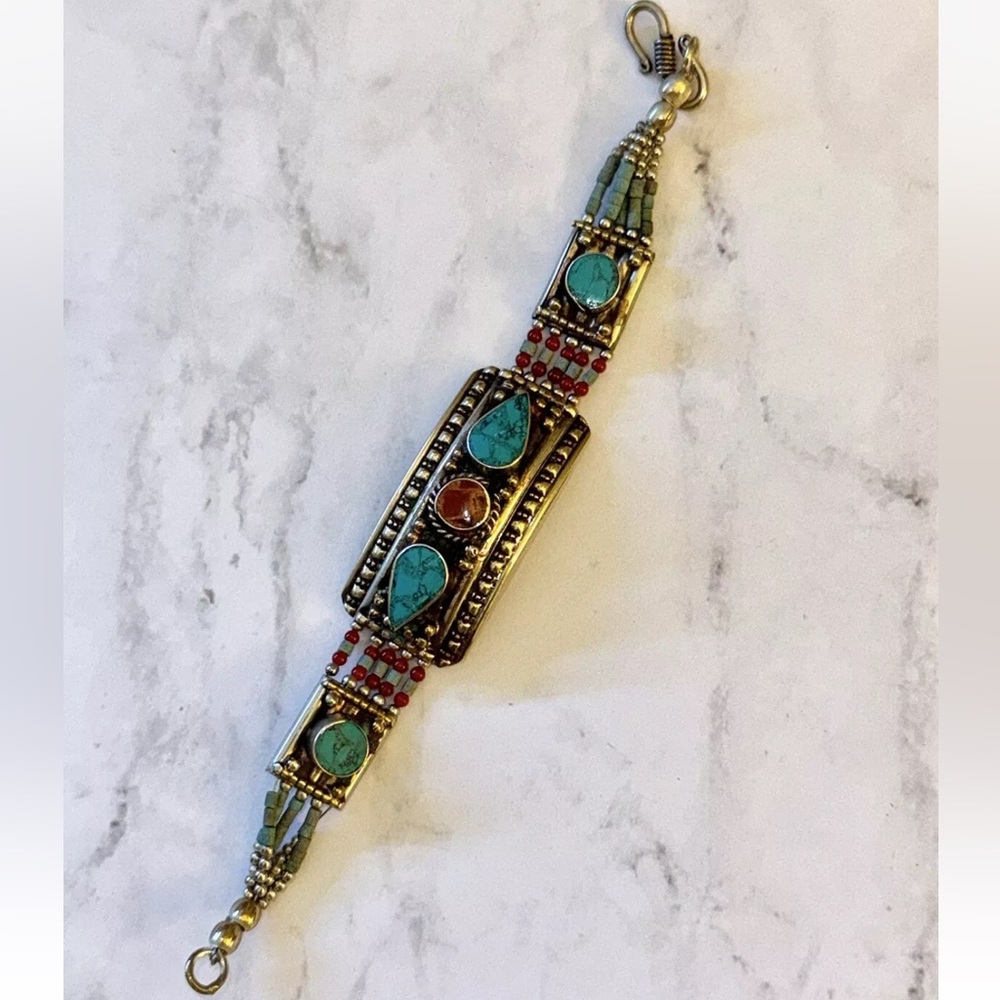 Vintage Native American Silver Hand Made Turquoise Coral Beaded Bracelet RARE